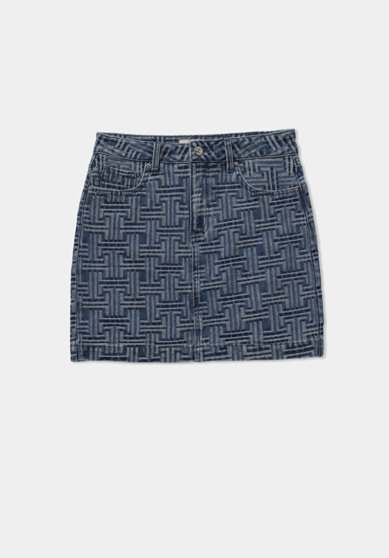 Slim Fit Jakarlı Fermuarlı Kadın Mid İndigo Denim Etek