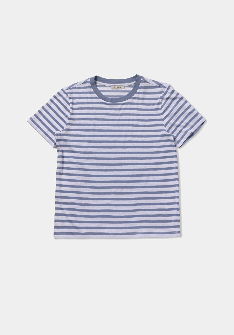 Regular Fit Yuvarlak Yaka Çizgili Kadın Mavi Kısa Kol Tişört