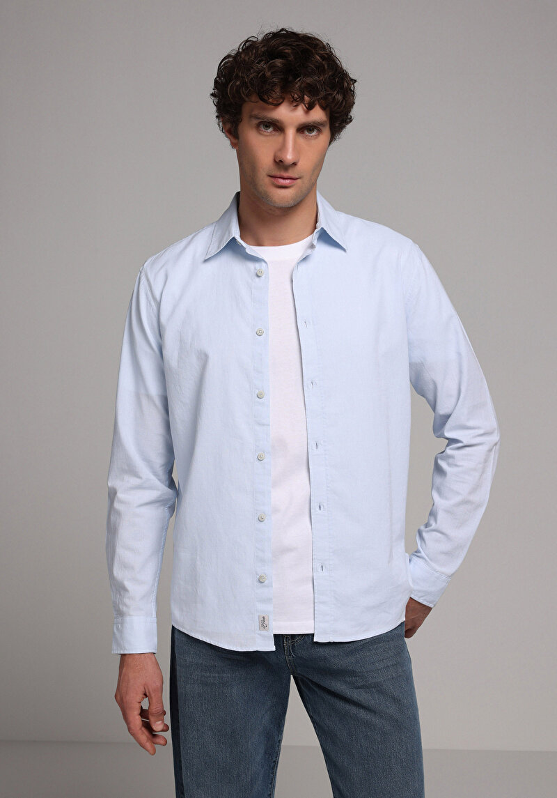 Regular Fit Shirt Neck Düz Erkek Mavi Uzun Kol Gömlek