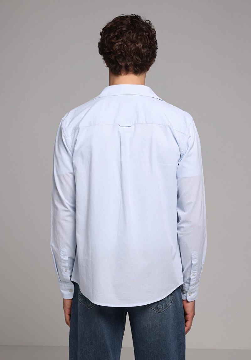 Regular Fit Shirt Neck Düz Erkek Mavi Uzun Kol Gömlek