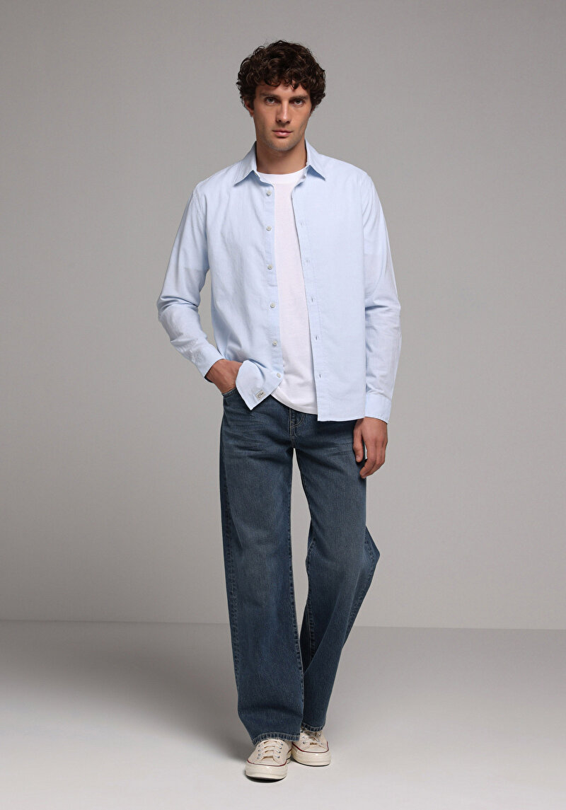 Regular Fit Shirt Neck Düz Erkek Mavi Uzun Kol Gömlek