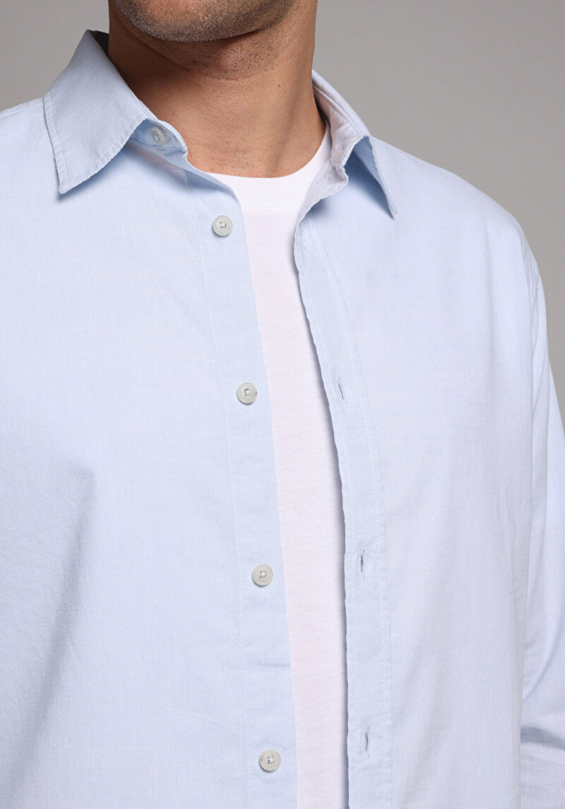 Regular Fit Shirt Neck Düz Erkek Mavi Uzun Kol Gömlek