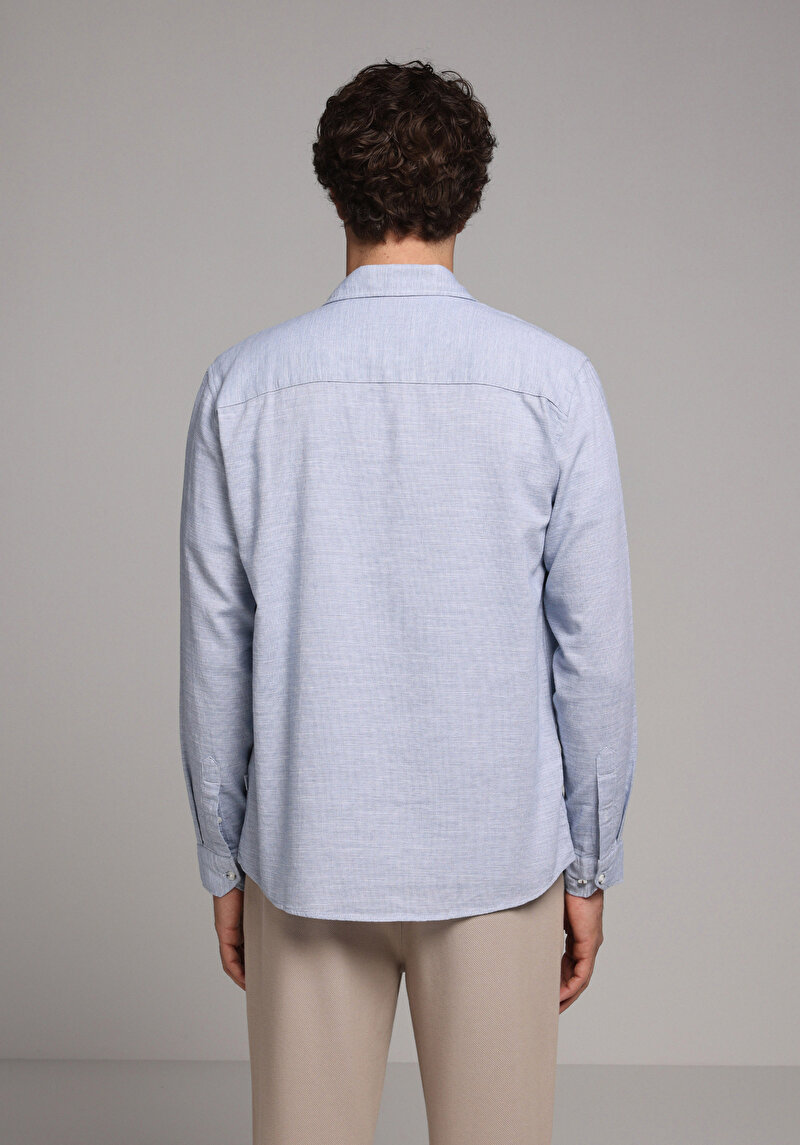 Regular Fit Shirt Neck Düz Erkek Mavi Uzun Kol Gömlek