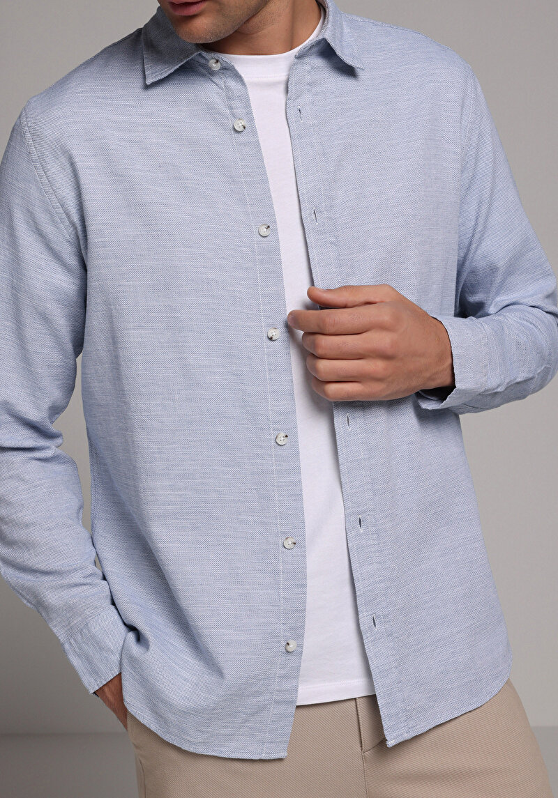 Regular Fit Shirt Neck Düz Erkek Mavi Uzun Kol Gömlek