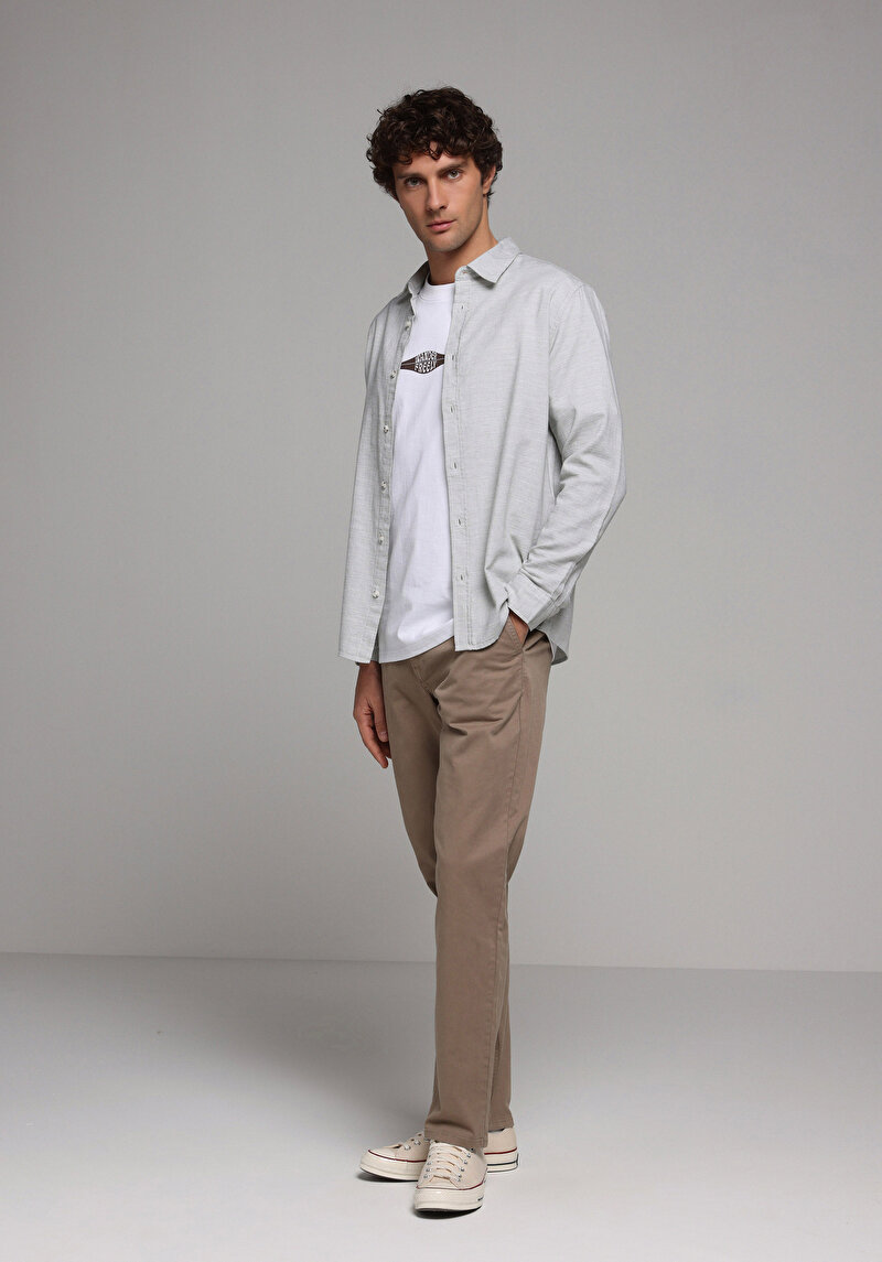 Regular Fit Shirt Neck Düz Erkek Yeşil Uzun Kol Gömlek