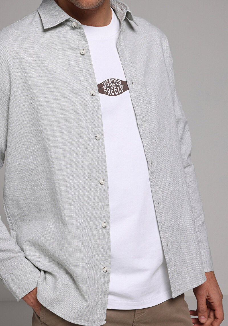 Regular Fit Shirt Neck Düz Erkek Yeşil Uzun Kol Gömlek