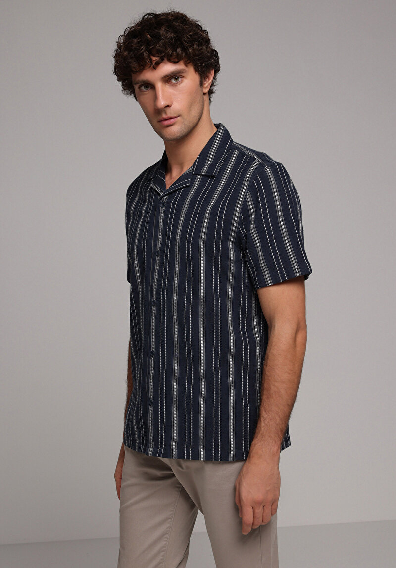Regular Fit Shirt Neck Çizgili Erkek Lacivert Kısa Kol Gömlek