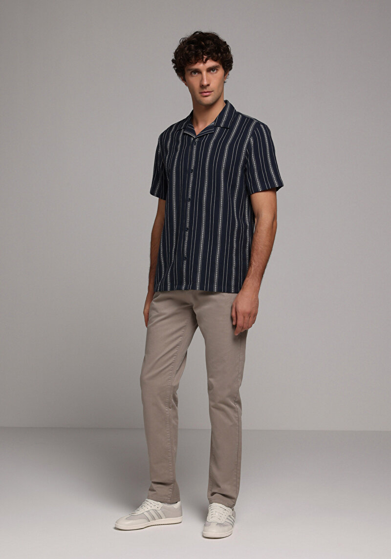 Regular Fit Shirt Neck Çizgili Erkek Lacivert Kısa Kol Gömlek