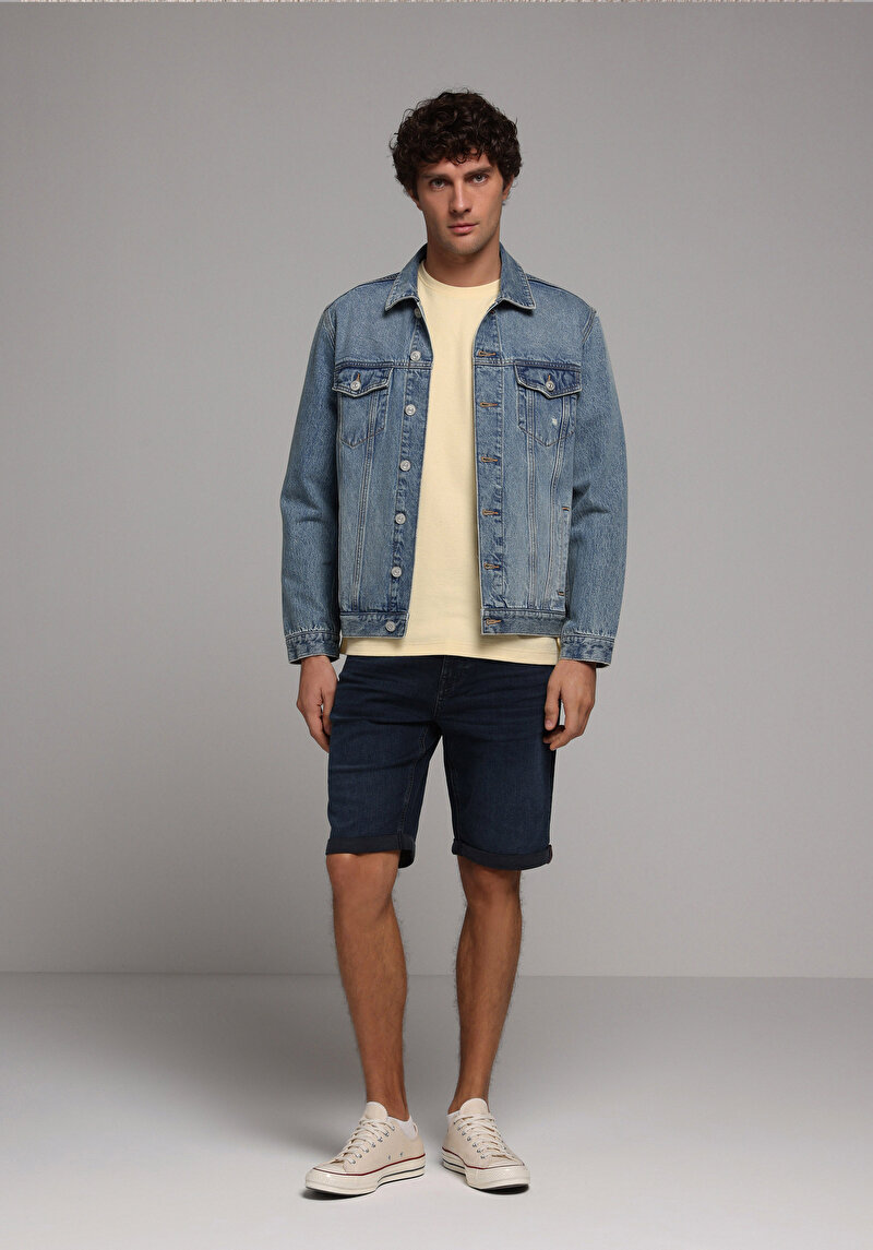 Straight Fit Düşük Bel Düz Erkek Blue Black Denim Jean Şort