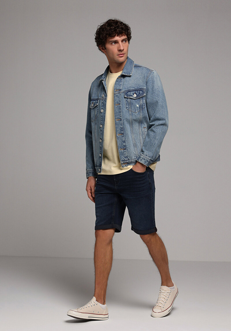 Straight Fit Düşük Bel Düz Erkek Blue Black Denim Jean Şort