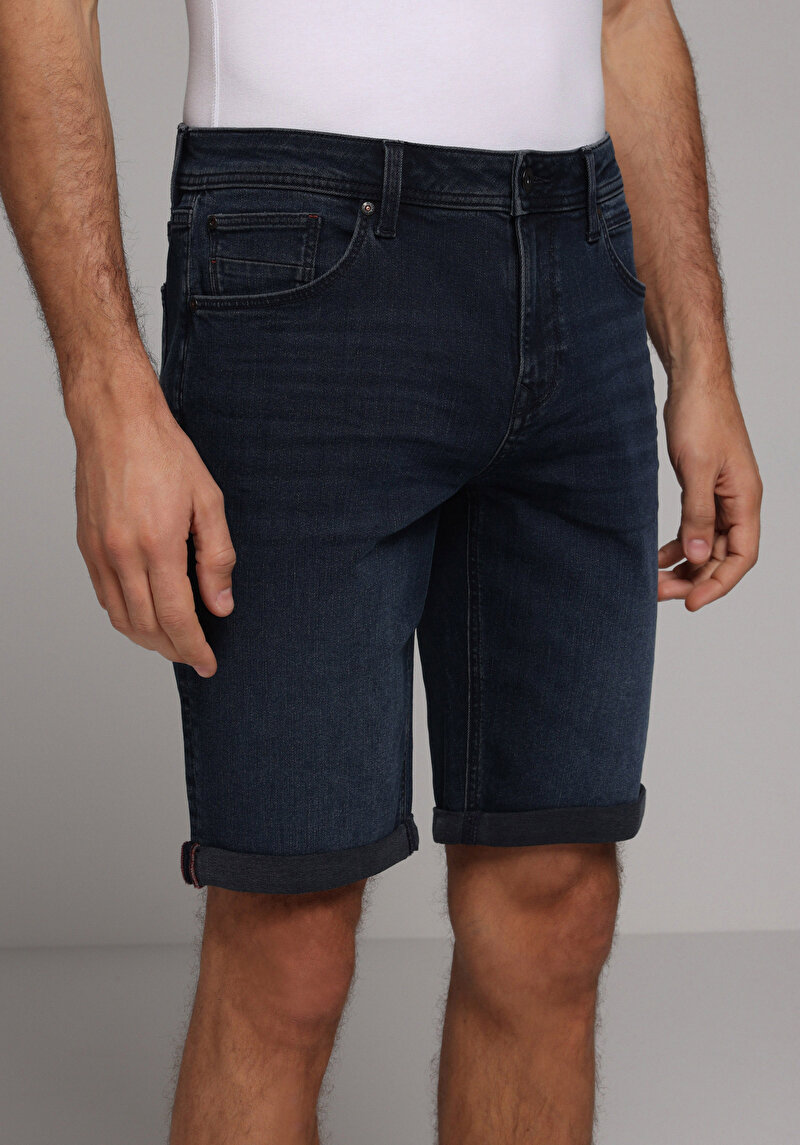 Straight Fit Düşük Bel Düz Erkek Blue Black Denim Jean Şort