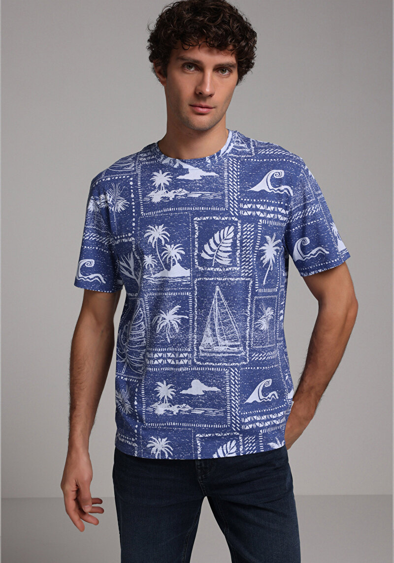 Comfort Fit Yuvarlak Yaka Baskılı Erkek Mavi Kısa Kol Tişört