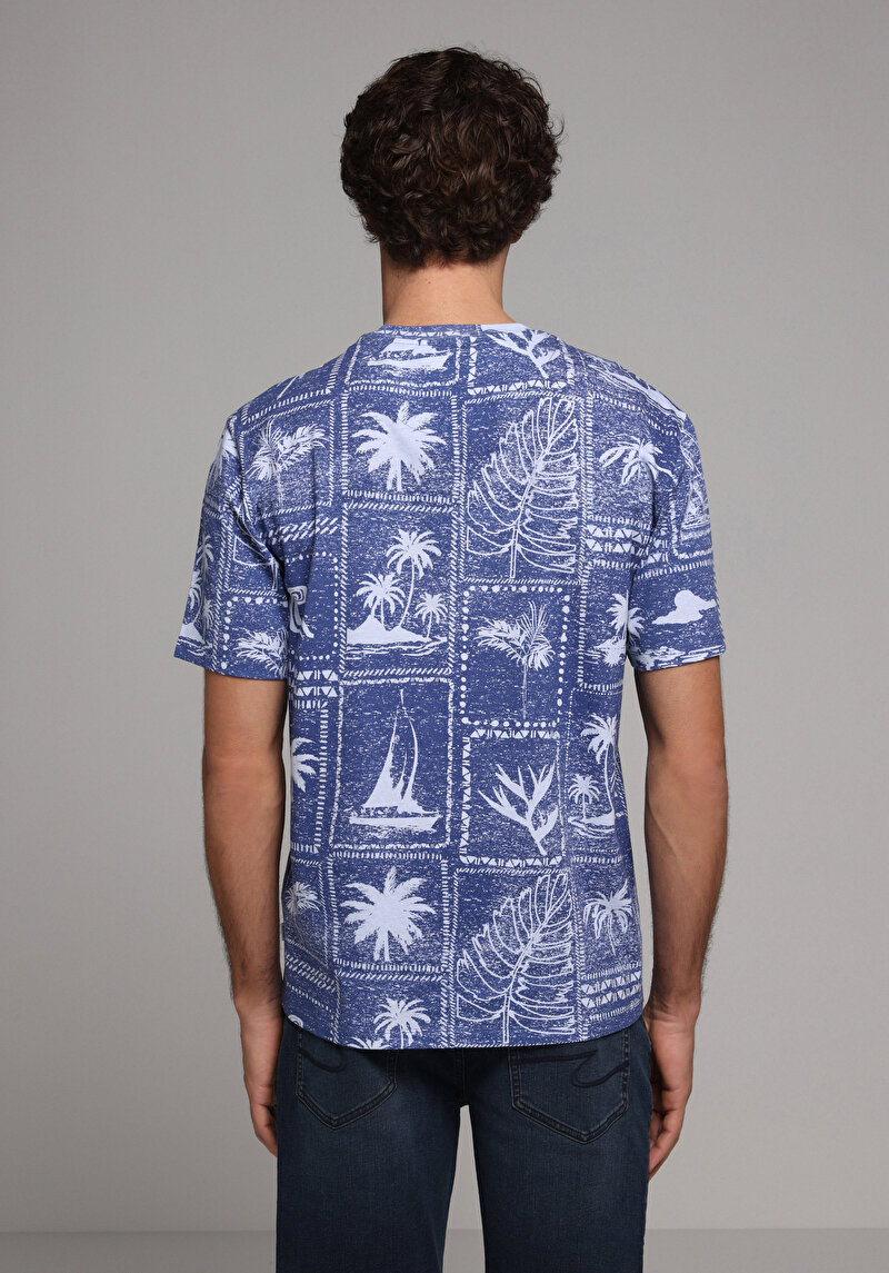 Comfort Fit Yuvarlak Yaka Baskılı Erkek Mavi Kısa Kol Tişört