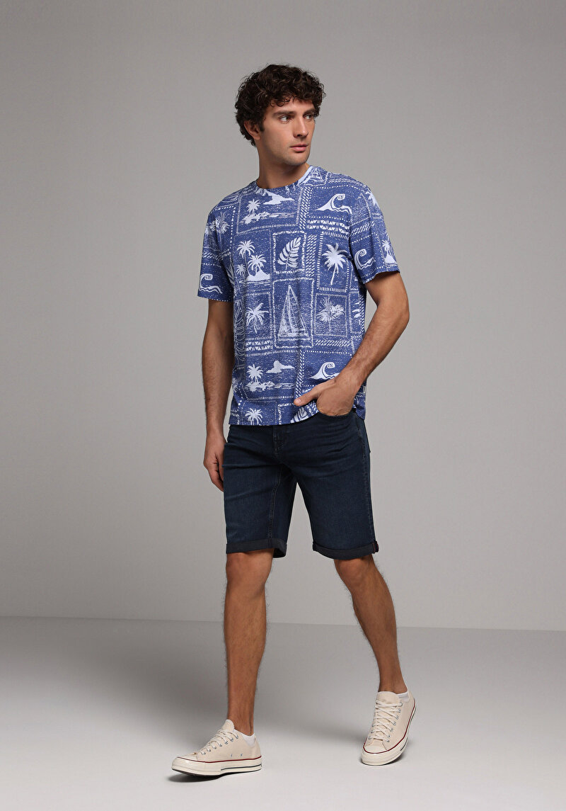 Comfort Fit Yuvarlak Yaka Baskılı Erkek Mavi Kısa Kol Tişört