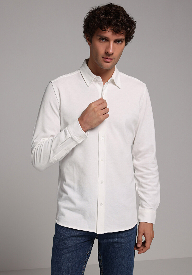 Regular Fit Shirt Neck Düz Erkek Beyaz Uzun Kol Gömlek