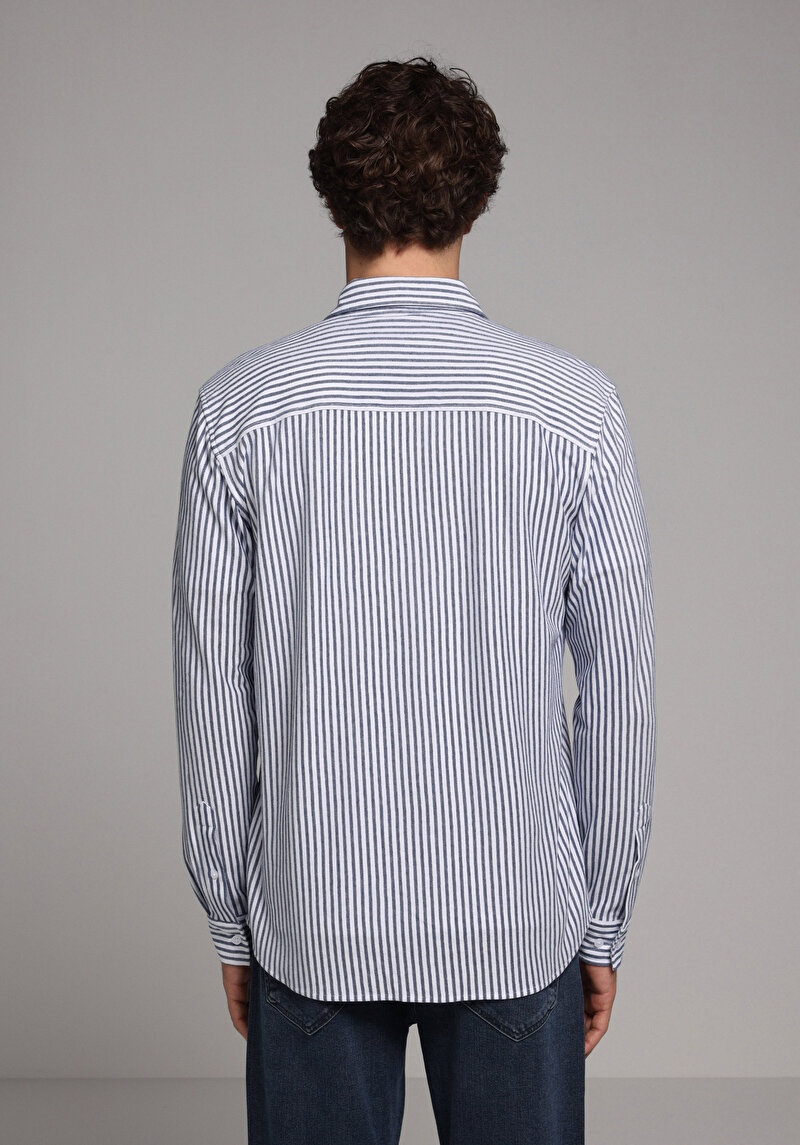 Regular Fit Shirt Neck Çizgili Erkek Mavi Uzun Kol Gömlek