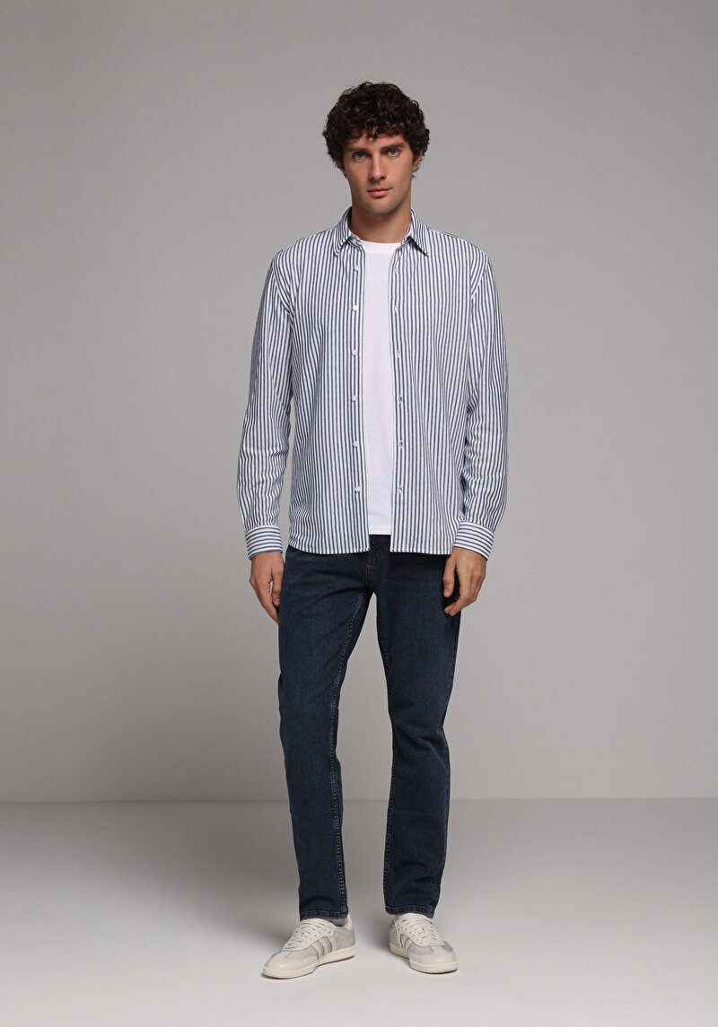 Regular Fit Shirt Neck Çizgili Erkek Mavi Uzun Kol Gömlek