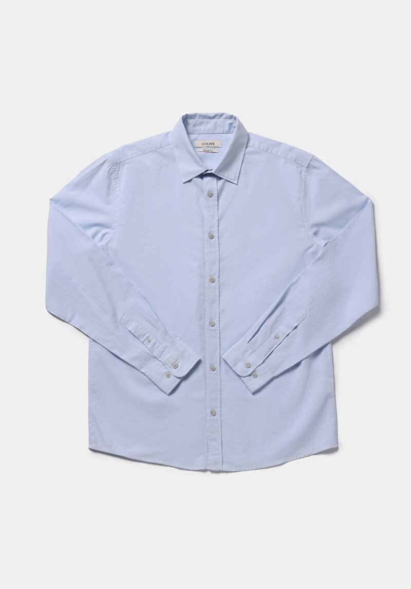 Regular Fit Shirt Neck Düz Erkek Mavi Uzun Kol Gömlek