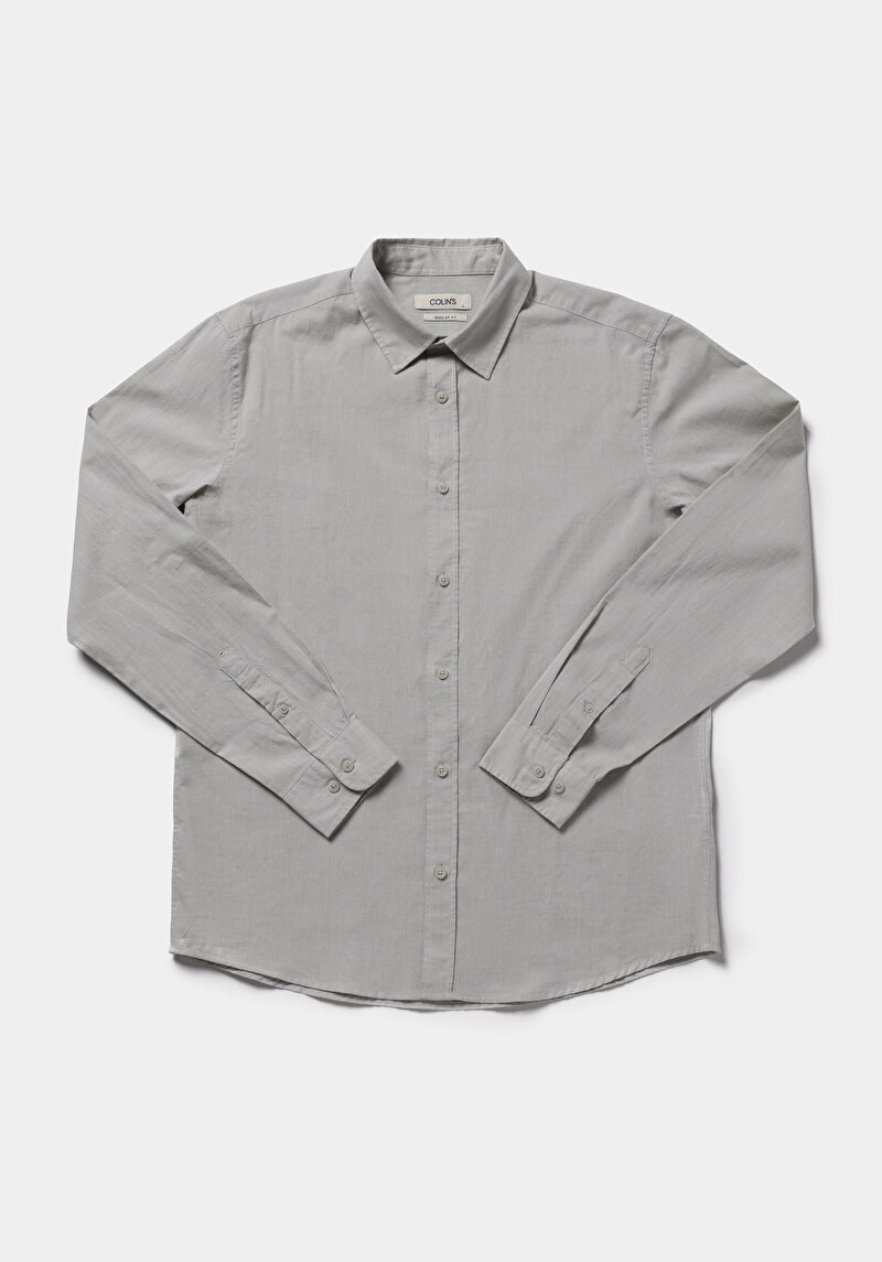 Regular Fit Shirt Neck Pamuklu Düz Erkek Yeşil Uzun Kol Gömlek