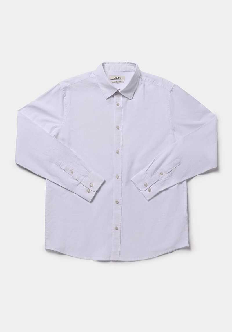 Regular Fit Shirt Neck Cepsiz Düz Erkek Beyaz Uzun Kol Gömlek