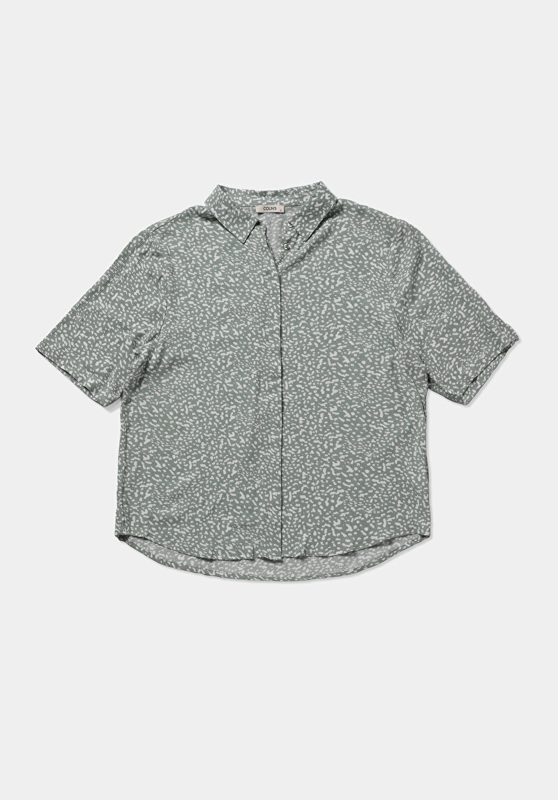 Fashion Fit Shirt Neck Baskılı Kadın Yeşil Kısa Kol Gömlek