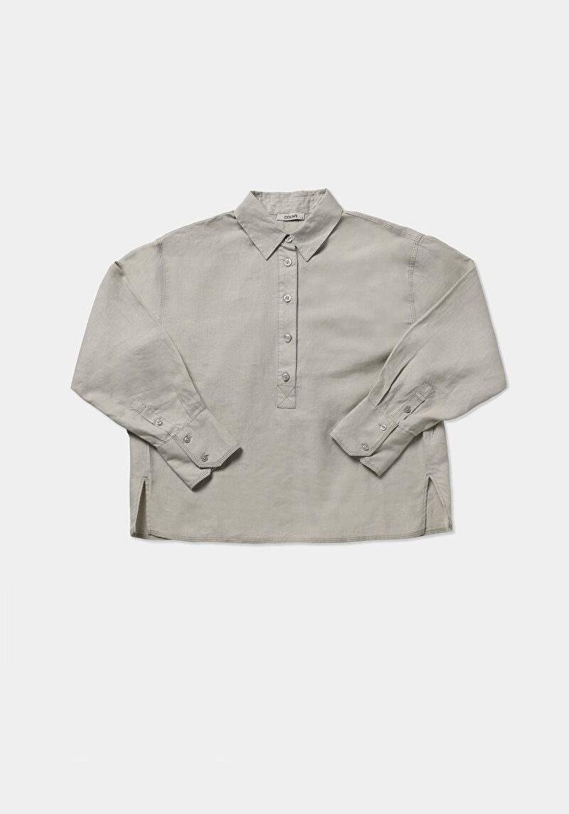 Fashion Fit Shirt Neck Düz Kadın Yeşil Uzun Kol Gömlek