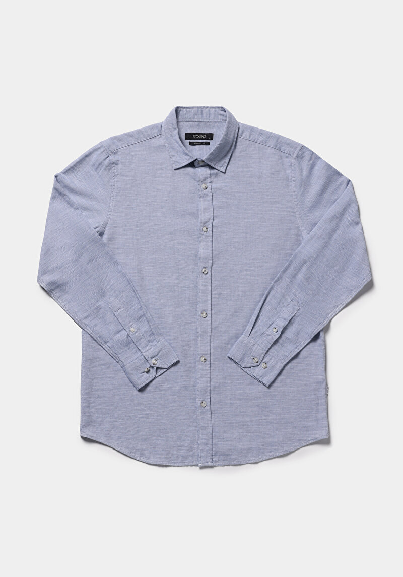 Regular Fit Shirt Neck Düz Erkek Mavi Uzun Kol Gömlek