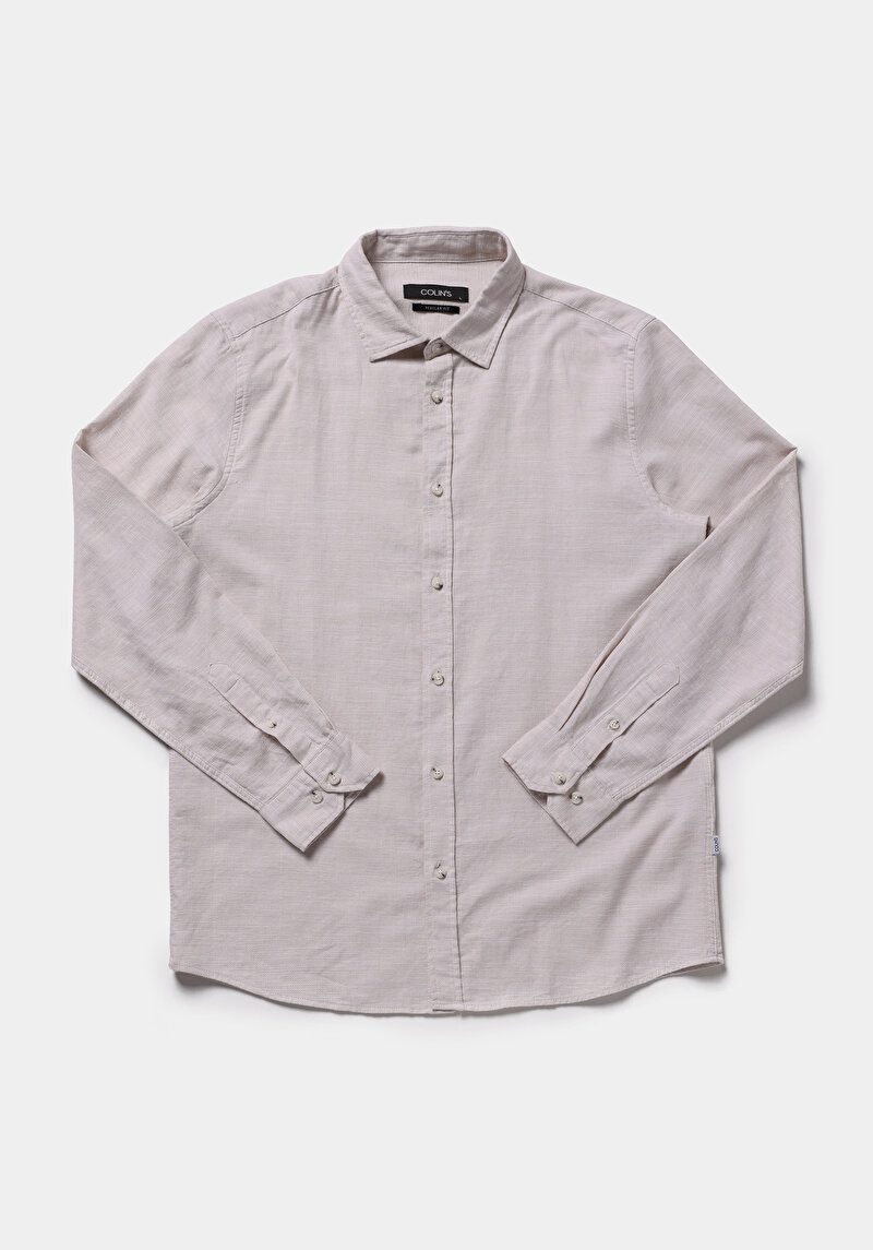 Regular Fit Shirt Neck Düz Erkek Ekru Uzun Kol Gömlek