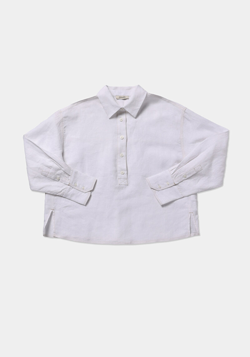 Fashion Fit Shirt Neck Düz Kadın Beyaz Uzun Kol Gömlek