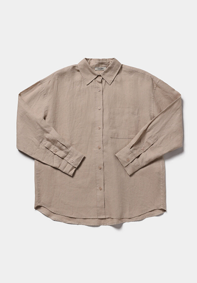 Boyfriend Fit Shirt Neck Düz Kadın Bej Uzun Kol Gömlek