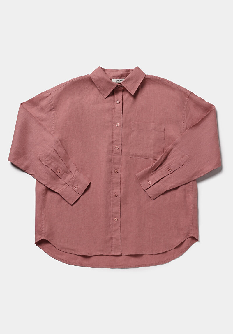 Boyfriend Fit Shirt Neck Düz Kadın Salmon Uzun Kol Gömlek