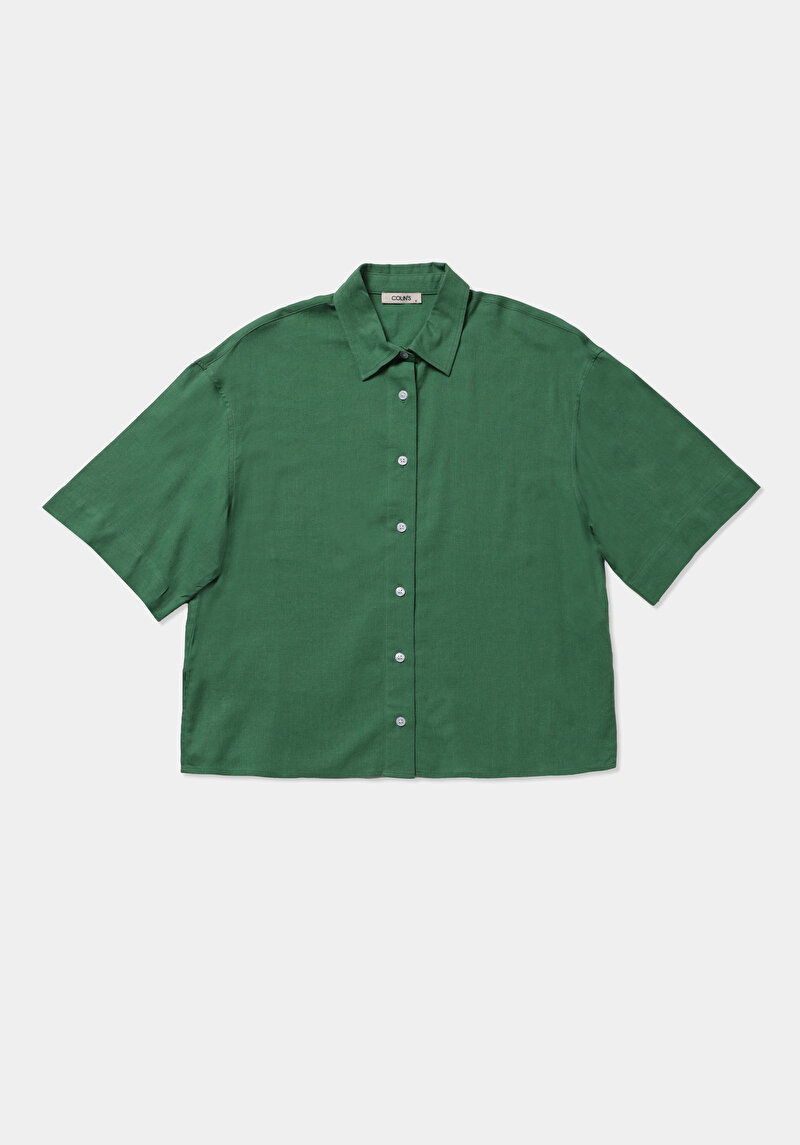 Fashion Fit Shirt Neck Düz Kadın Yeşil Kısa Kol Gömlek
