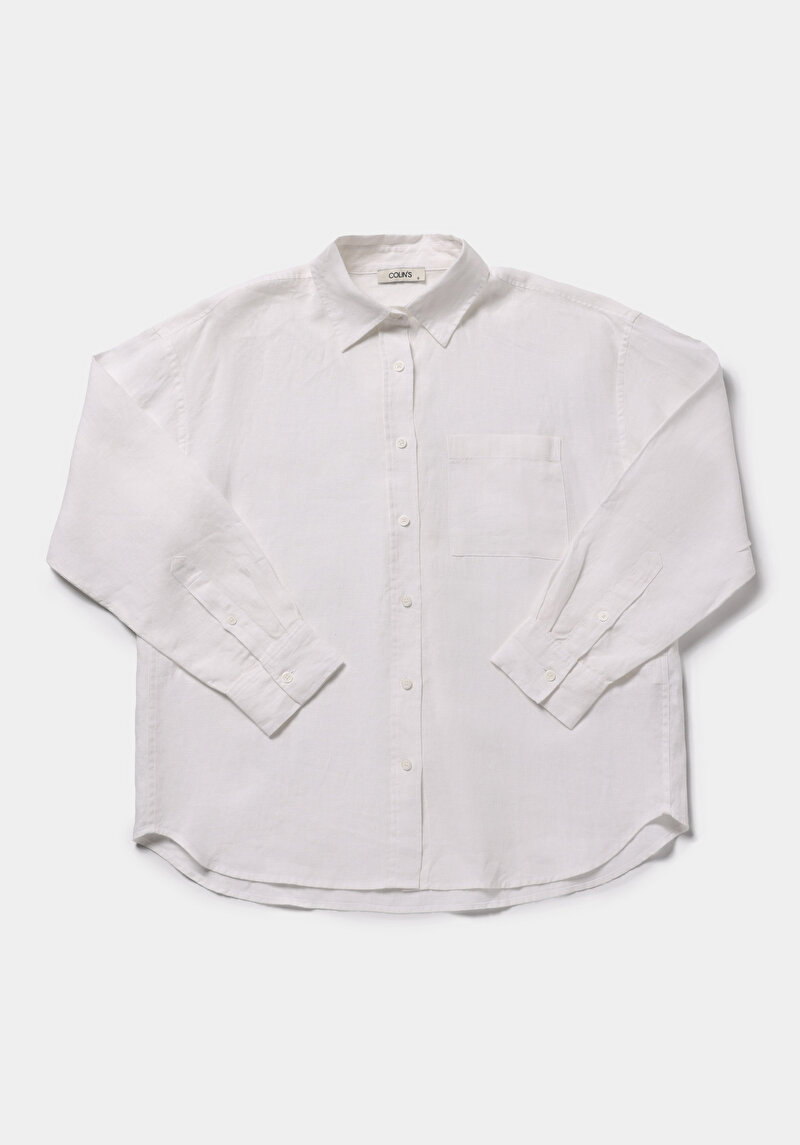 Boyfriend Fit Shirt Neck Düz Kadın Beyaz Uzun Kol Gömlek