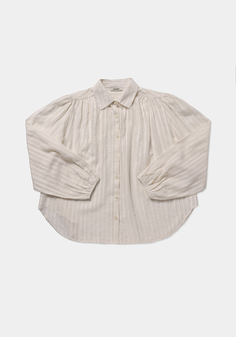 Fashion Fit Shirt Neck Jakarlı Kadın Ekru Uzun Kol Gömlek