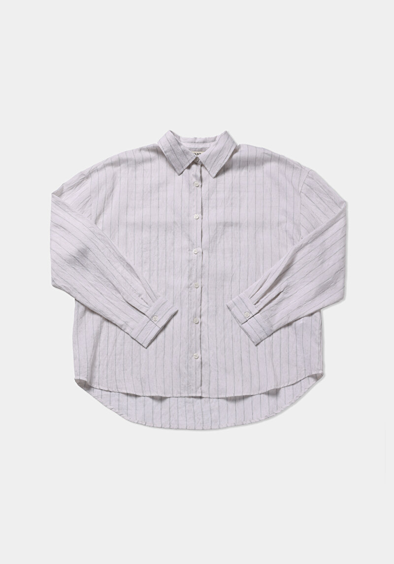 Fashion Fit Shirt Neck Çizgili Kadın Beyaz Uzun Kol Gömlek