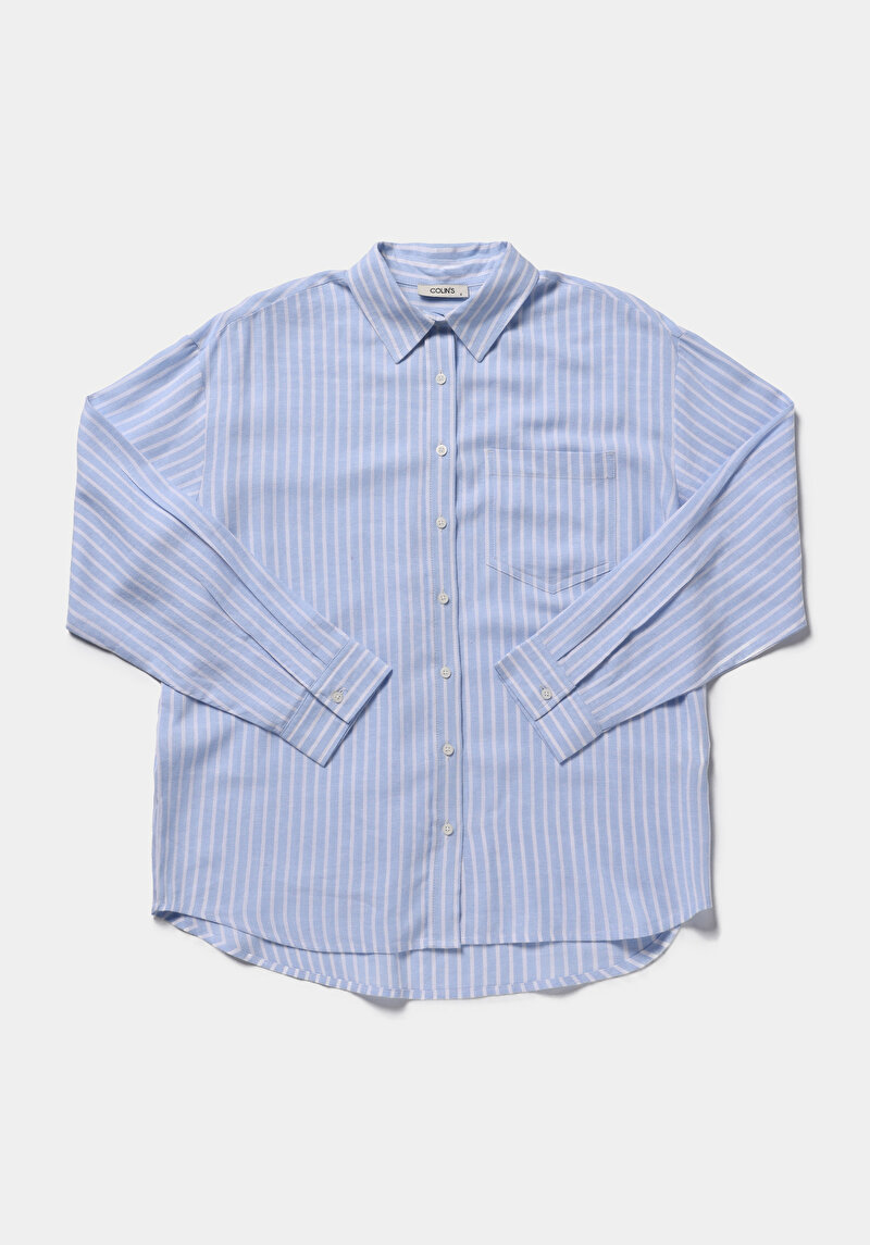 Boyfriend Fit Shirt Neck Çizgili Kadın Mavi Uzun Kol Gömlek