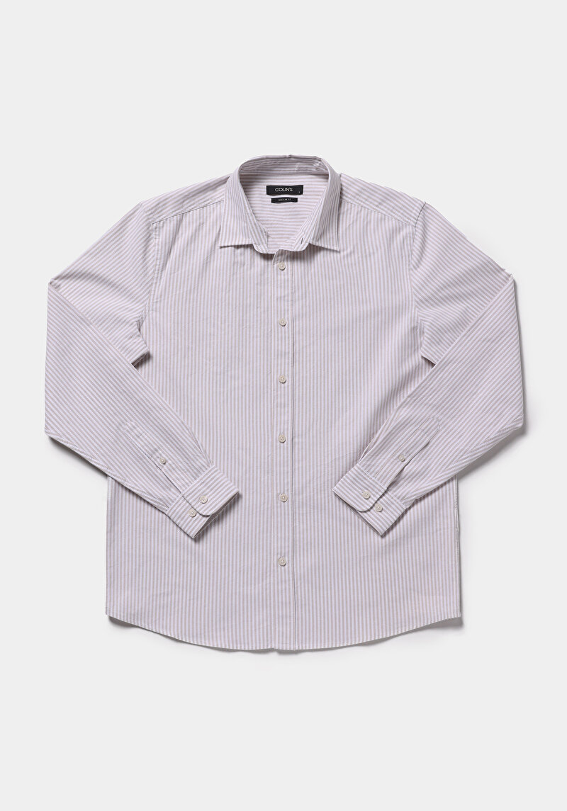 Regular Fit Shirt Neck Çizgili Erkek Bej Uzun Kol Gömlek