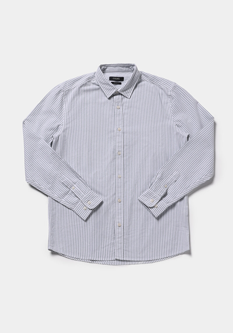 Regular Fit Shirt Neck Çizgili Erkek Turkuaz Uzun Kol Gömlek