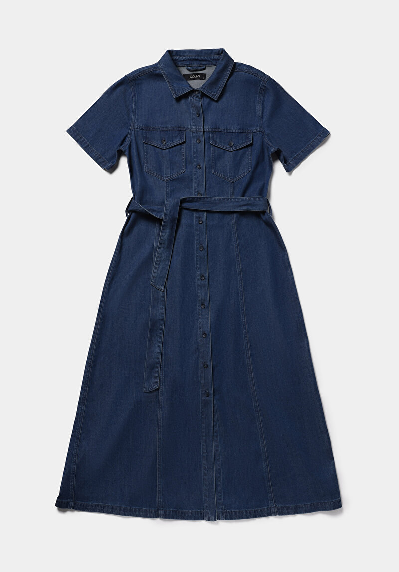 Regular Fit Düz Kadın Dark İndigo Denim Kısa Kol Elbise