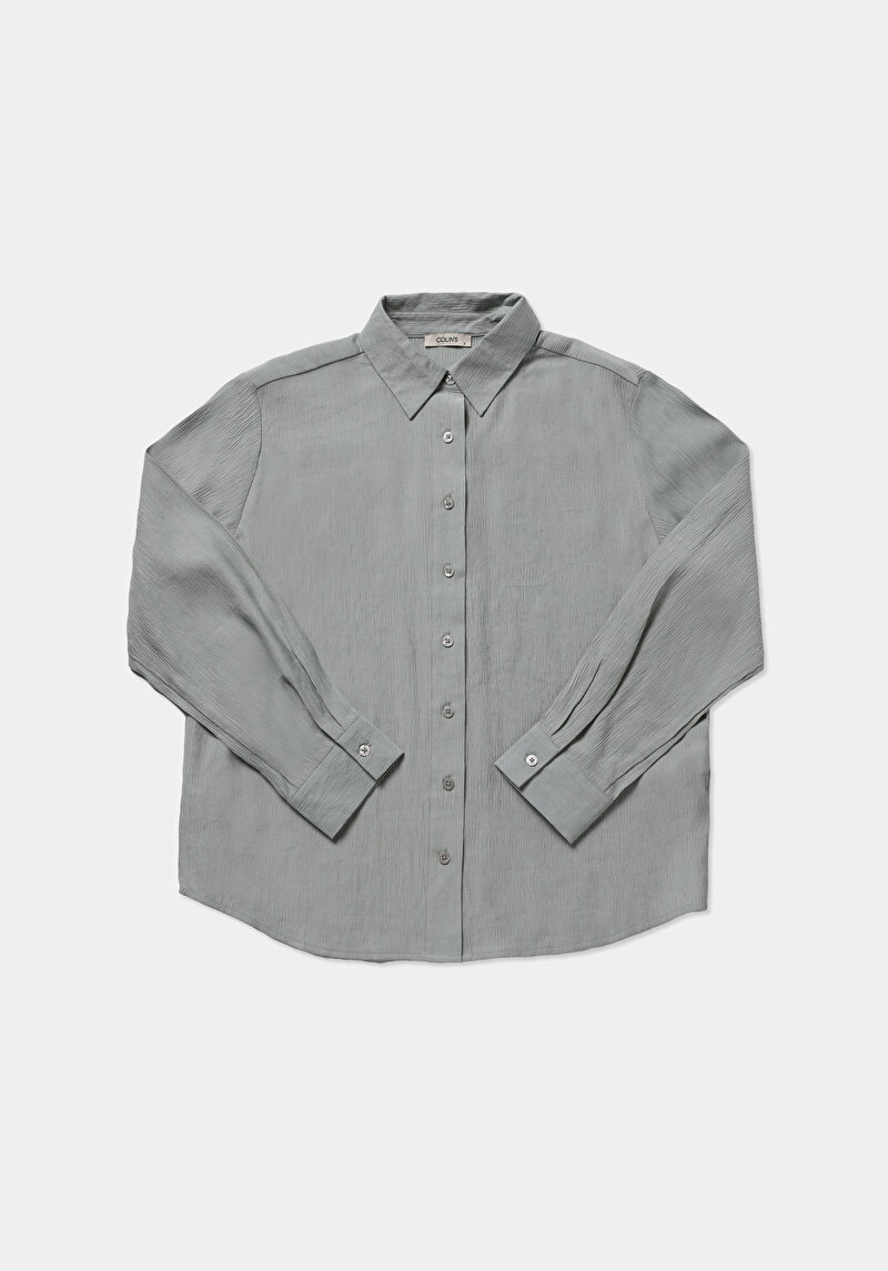 Regular Fit Shirt Neck Düz Kadın Yeşil Uzun Kol Gömlek