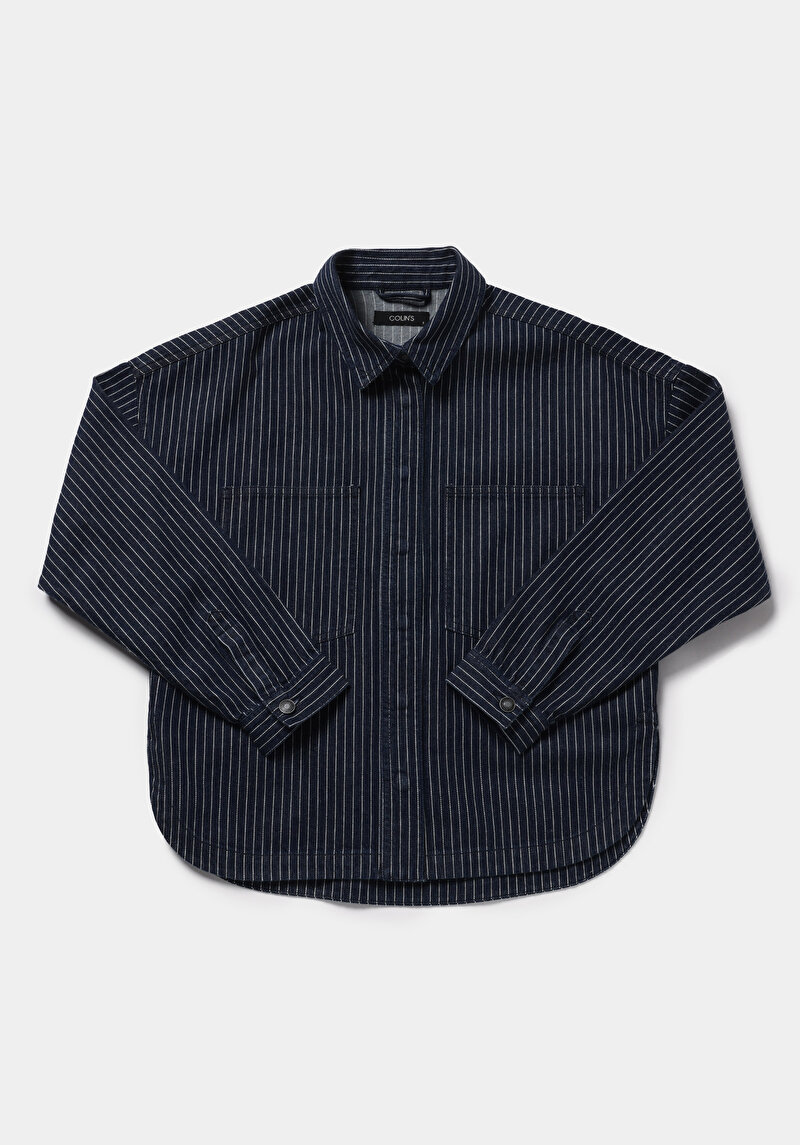 Oversize Fit   Kadın Stripe Denim Shacket