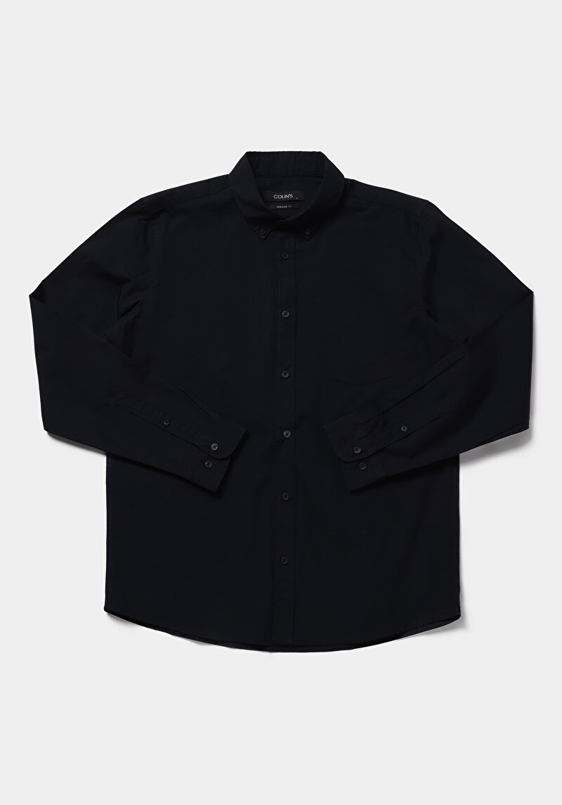 Regular Fit Shirt Neck Düz Erkek Lacivert Uzun Kol Gömlek