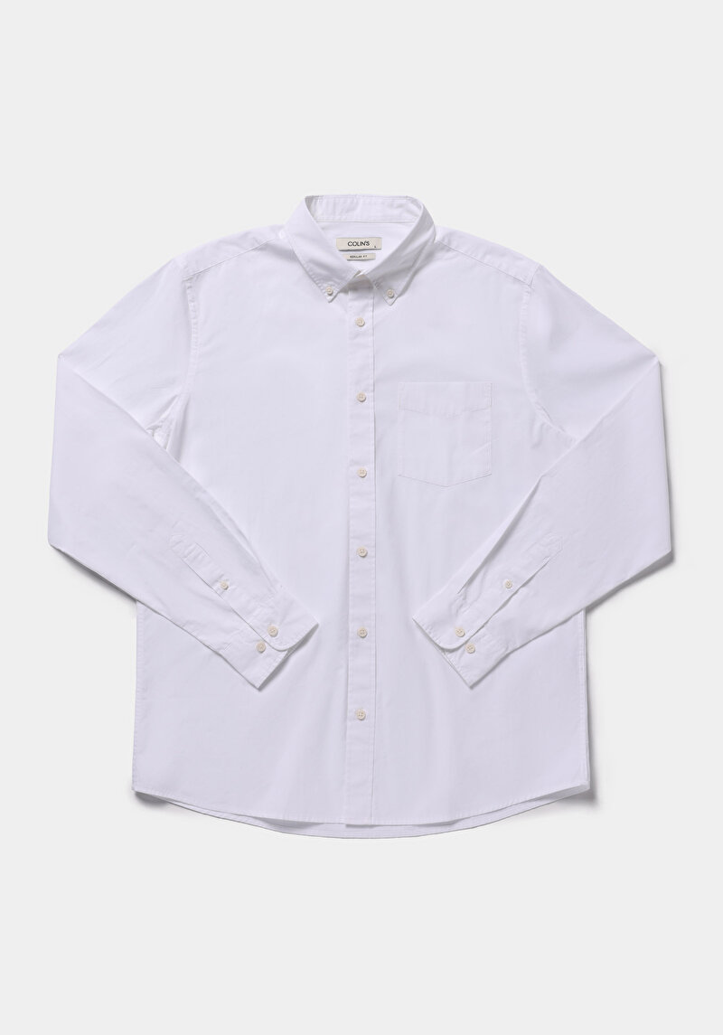 Regular Fit Shirt Neck Düz Erkek Beyaz Uzun Kol Gömlek