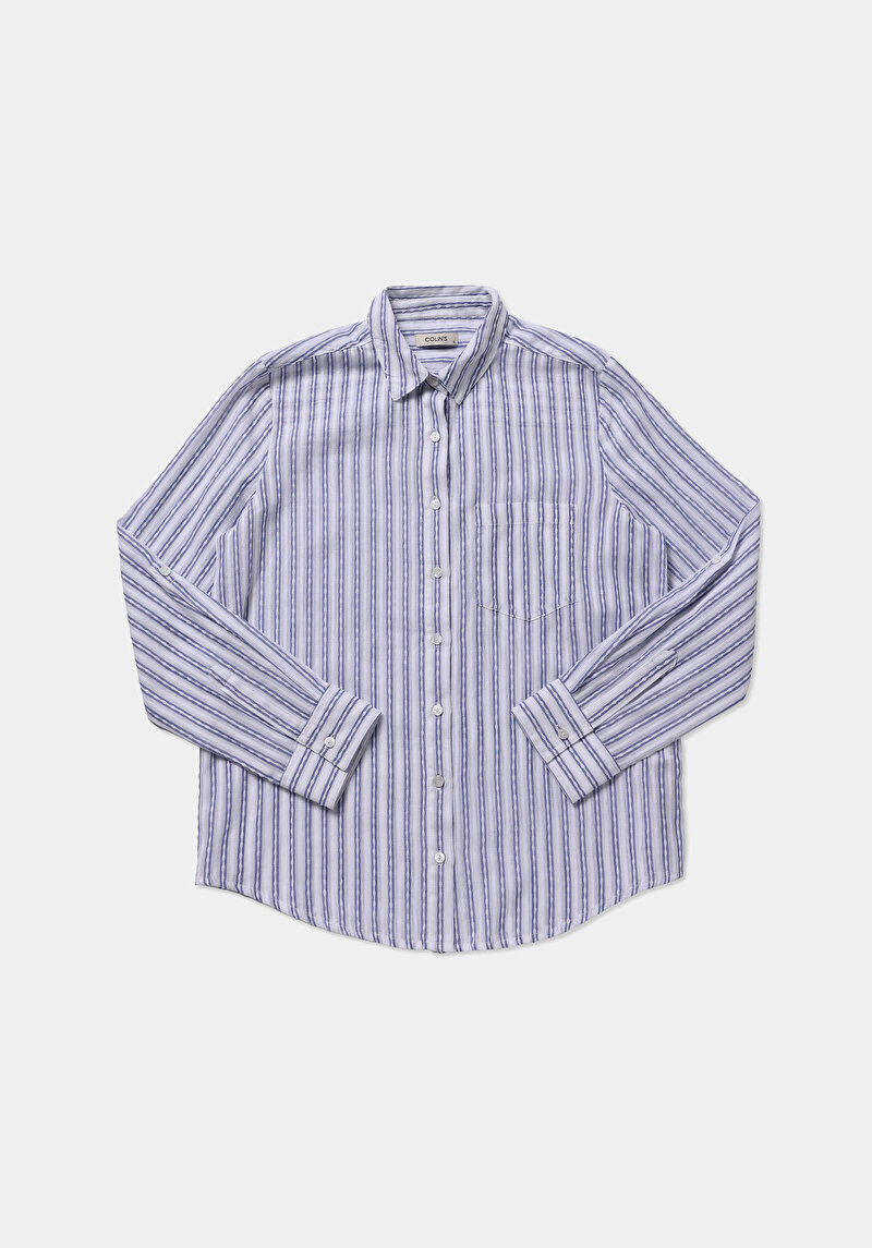 Regular Fit Shirt Neck Çizgili Kadın Mavi Uzun Kol Gömlek