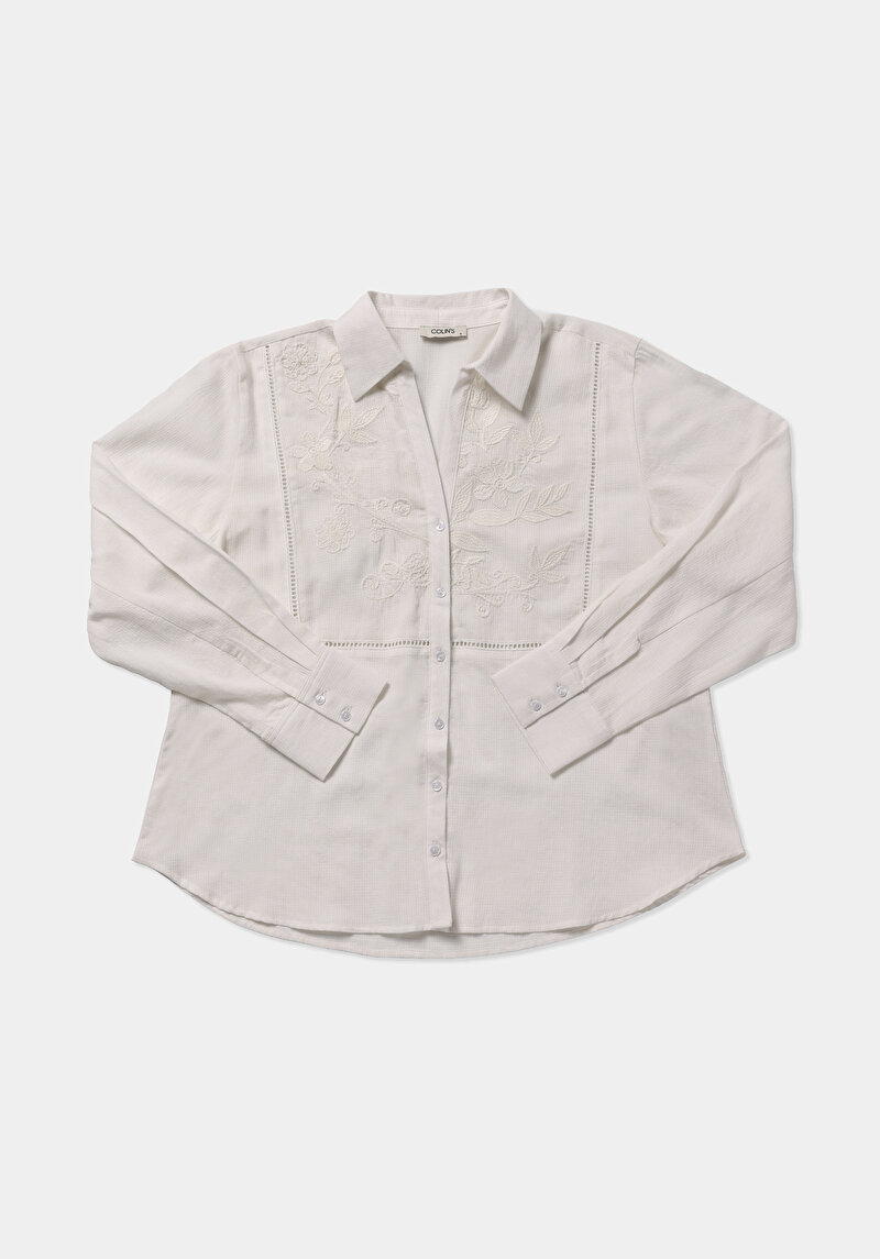 Fashion Fit Shirt Neck Nakışlı Kadın Beyaz Uzun Kol Gömlek