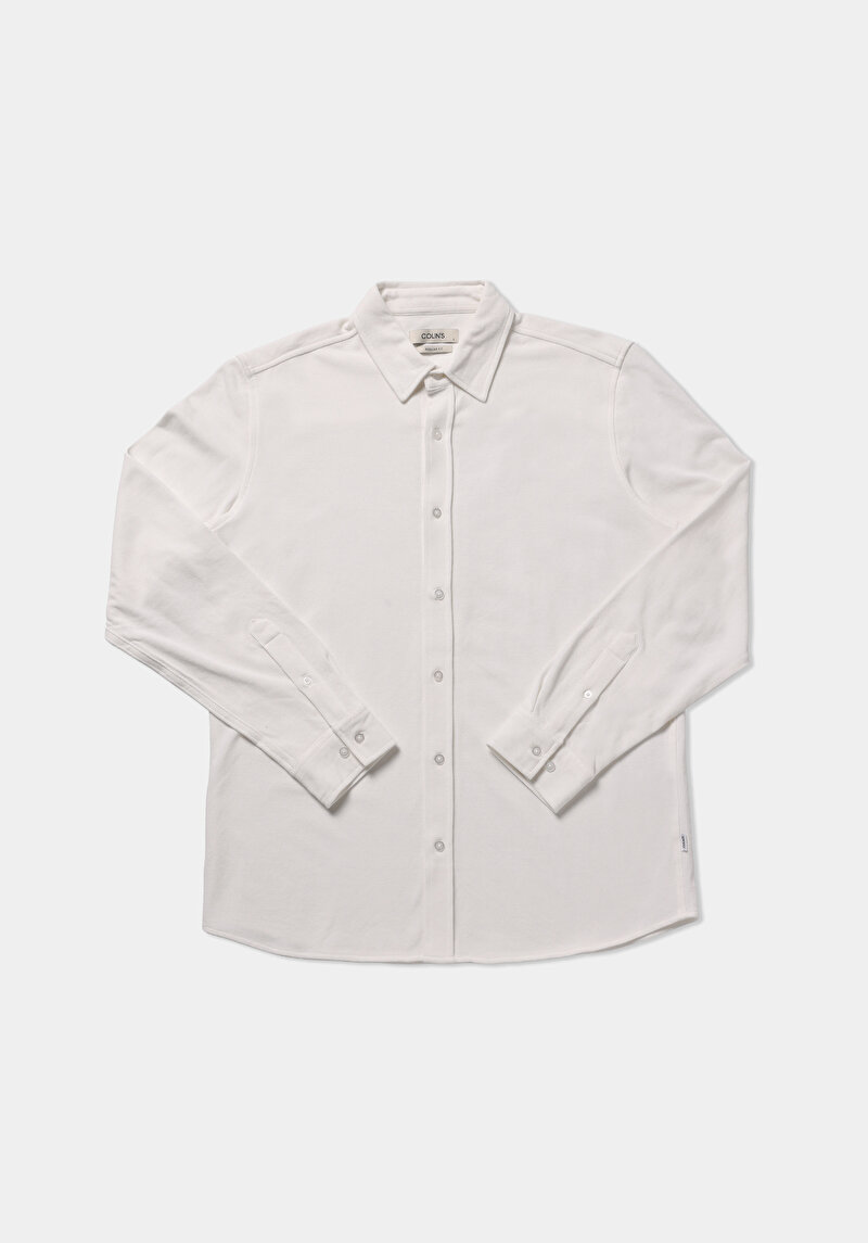 Regular Fit Shirt Neck Düz Erkek Beyaz Uzun Kol Gömlek