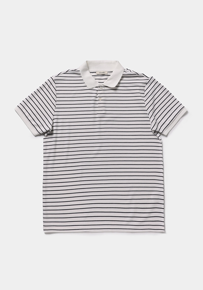 Regular Fit Polo Yaka Çizgili Erkek Beyaz Kısa Kol Tişört