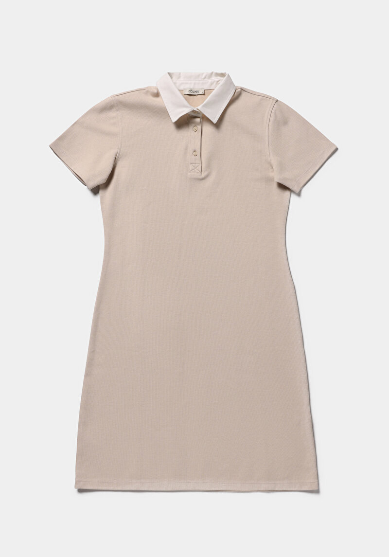 Slim Fit Nakışlı Kadın Bej Kısa Kol Elbise