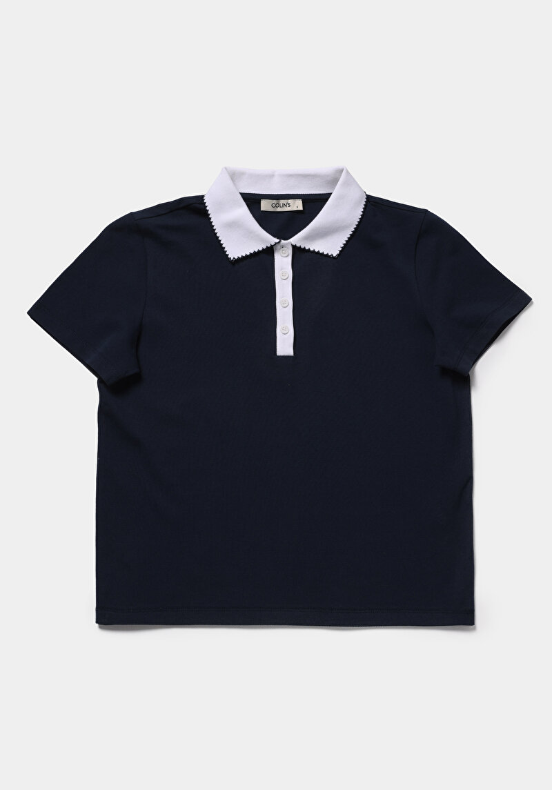 Regular Fit Polo Yaka Düz Kadın Lacivert Kısa Kol Tişört