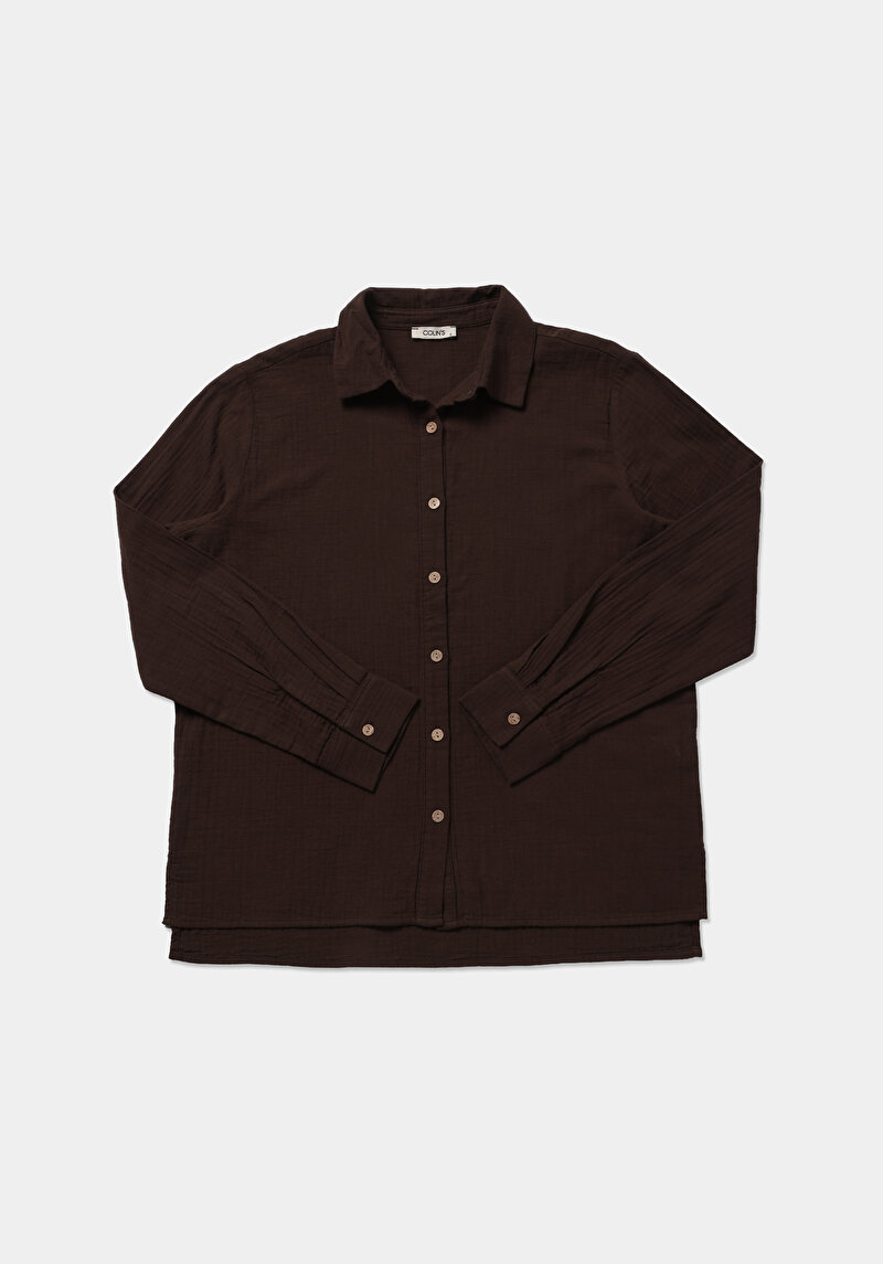 Regular Fit Shirt Neck Düz Kadın Kahverengi Kısa Kol Gömlek